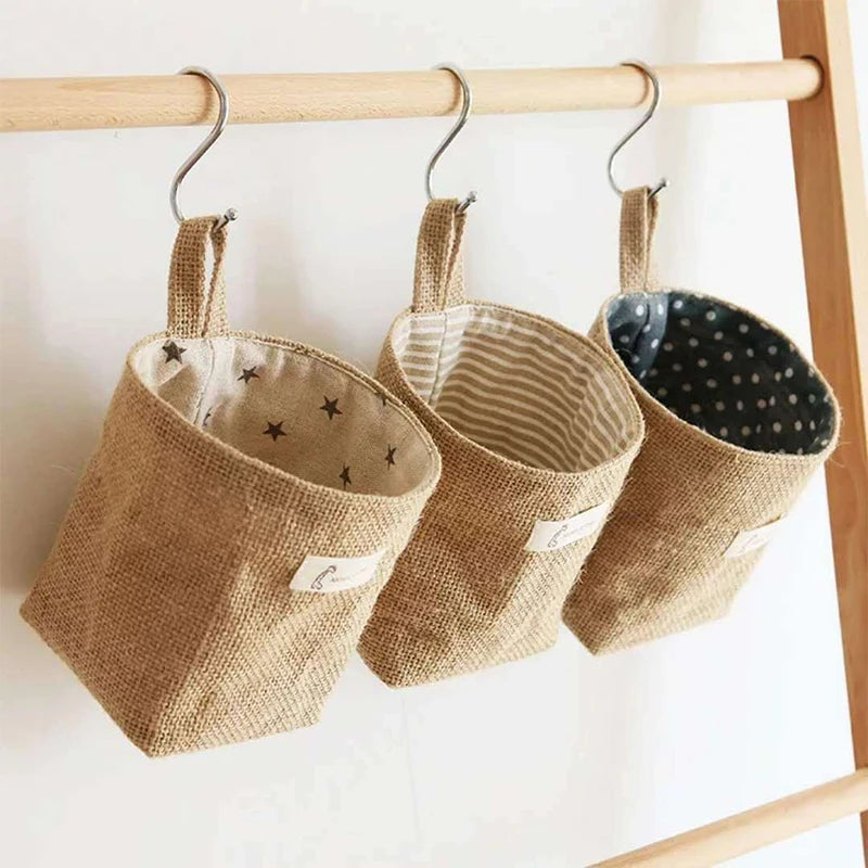 Cotton Linen Storage Basket Hanging Pocket Jute Bag